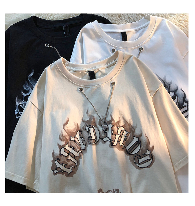 伦奥妮欧美复古hiphop火焰字母t恤女春夏宽松高级感ins短袖上衣白色m