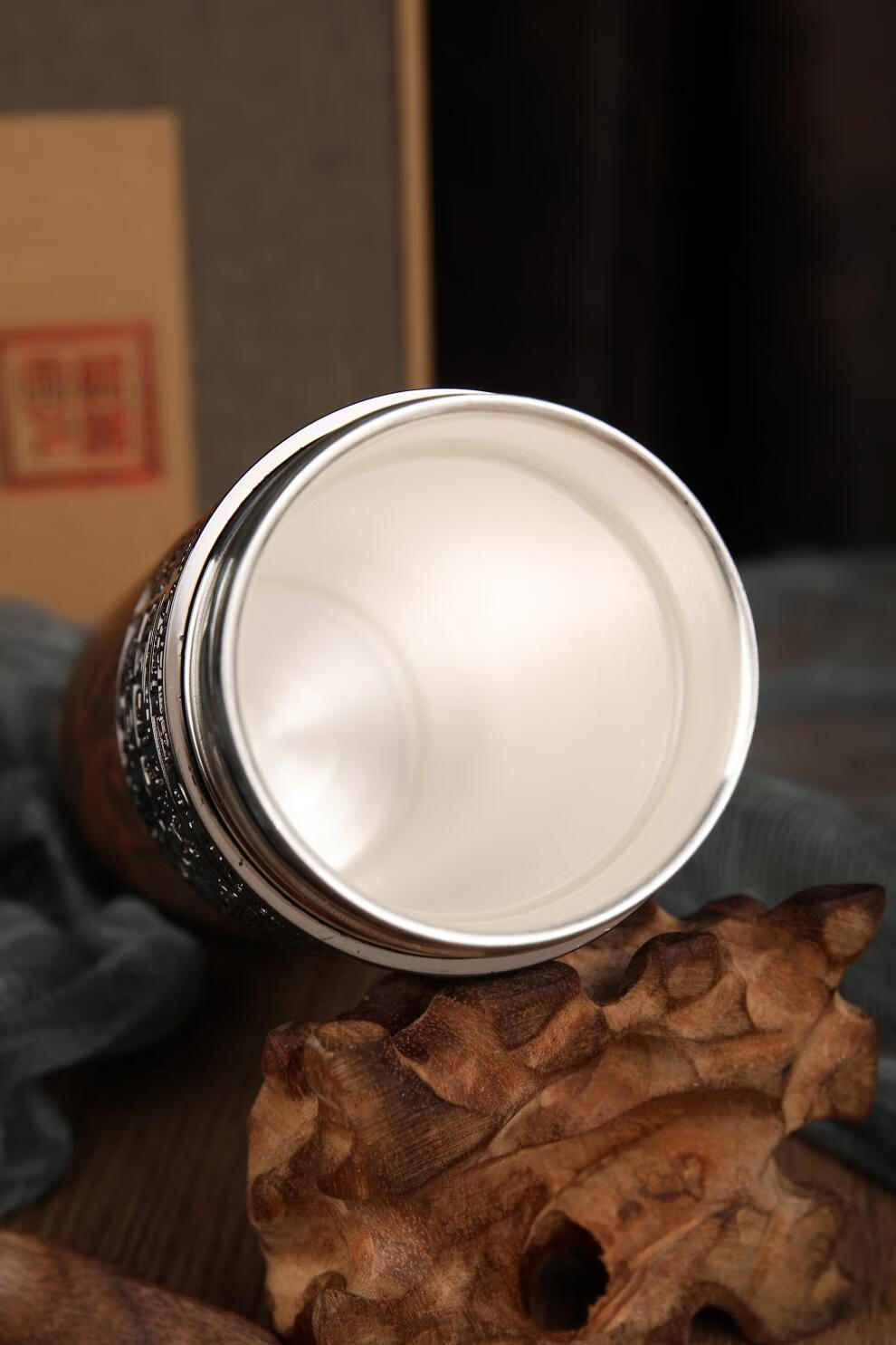 轻奢高端银杯子银保温杯999雪花银内胆银水杯商务养生茶杯礼藏青色70g