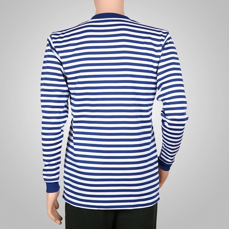 体能训练t恤 经典复古蓝白条纹圆领衫速干运动海魂体恤海军衣服 长袖