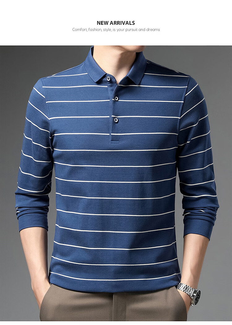 虎都男装2022春季中青年新款男装简约休闲翻领长袖套头条纹polo衫一件
