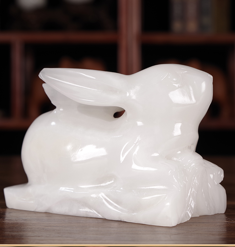 芳居道 轻奢高端天然玉石玉兔摆件一对十二生肖中式家居客厅书房办公