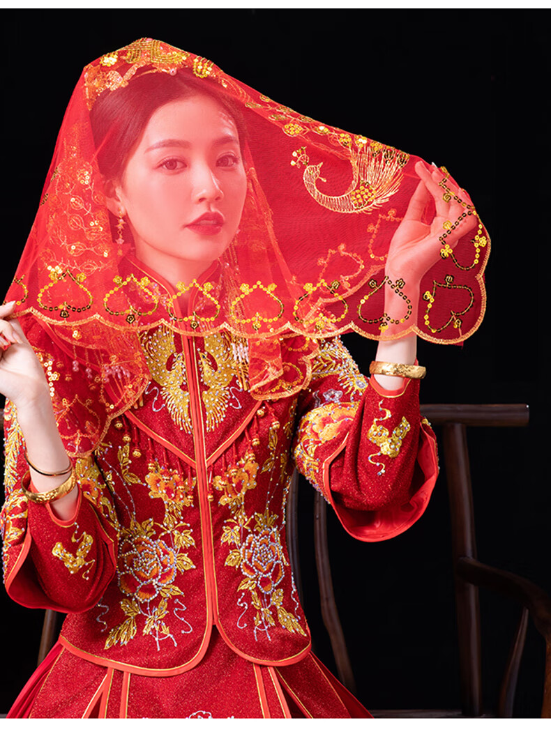 红盖头结婚新娘主婚纱中式婚礼秀禾夏季用蒙头红色喜帕半透明头纱碧笛