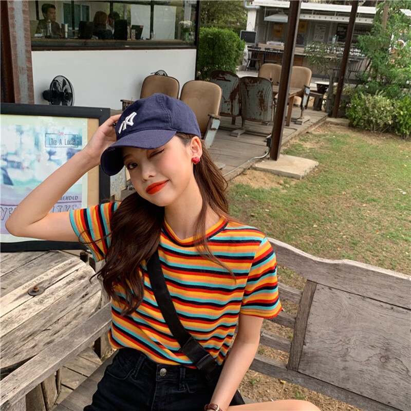 短袖女t恤夏季新款泫雅风彩虹条纹短袖t恤女韩版ins潮学生原宿风露脐