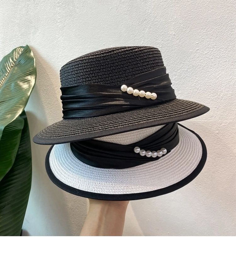 法式优雅气质珍珠平顶白色礼帽女春夏度假遮阳名媛风复古网红草帽白色