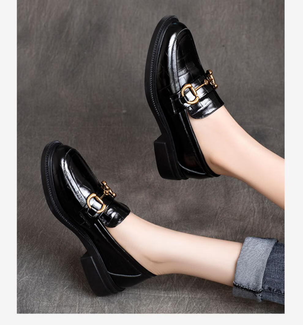 乐福鞋女夏季2021年新款漆皮中跟女鞋春秋牛皮单鞋粗跟小皮鞋黑色35