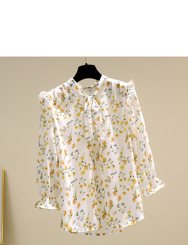 中袖小碎花衬衣五分袖衬衫女春夏季很仙的小衫装上衣雪纺花衫衣系带