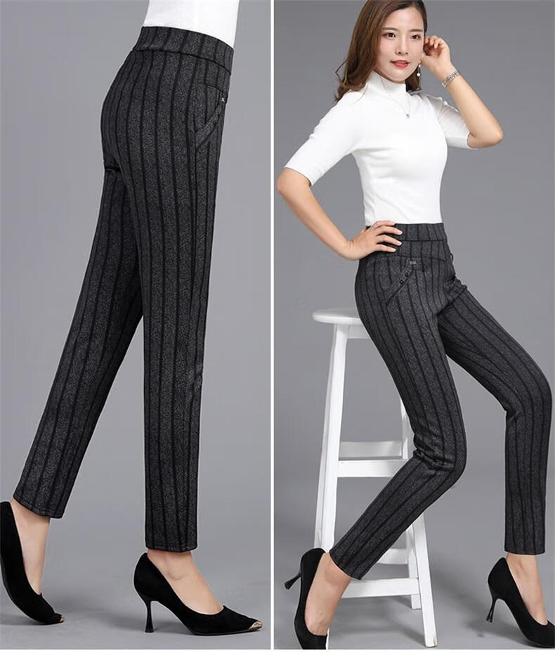 2020春夏新款中年妈妈装裤子女高腰直筒休闲裤松紧腰长裤春秋女裤 暗