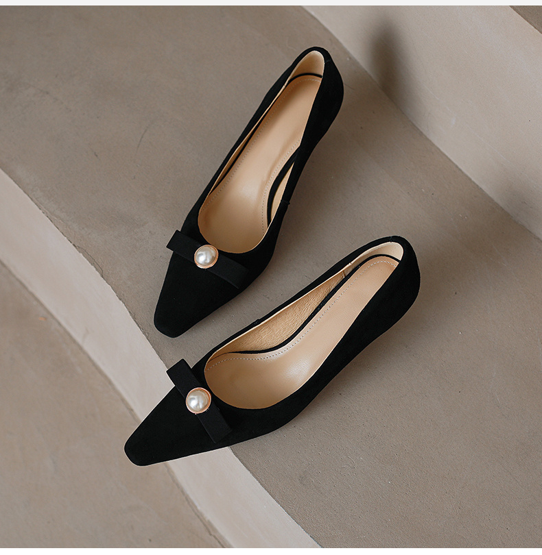 夏季瓢鞋女真皮高跟船鞋浅口单鞋女士穿的气质方头米白色蝴蝶结仙女风