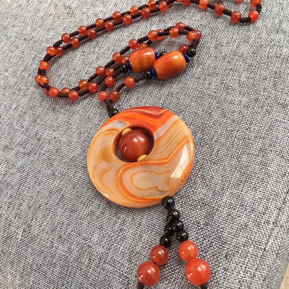 灵月阁60天然南红玛瑙同心圆同款毛衣链吊坠女士款春秋项链玉坠挂件