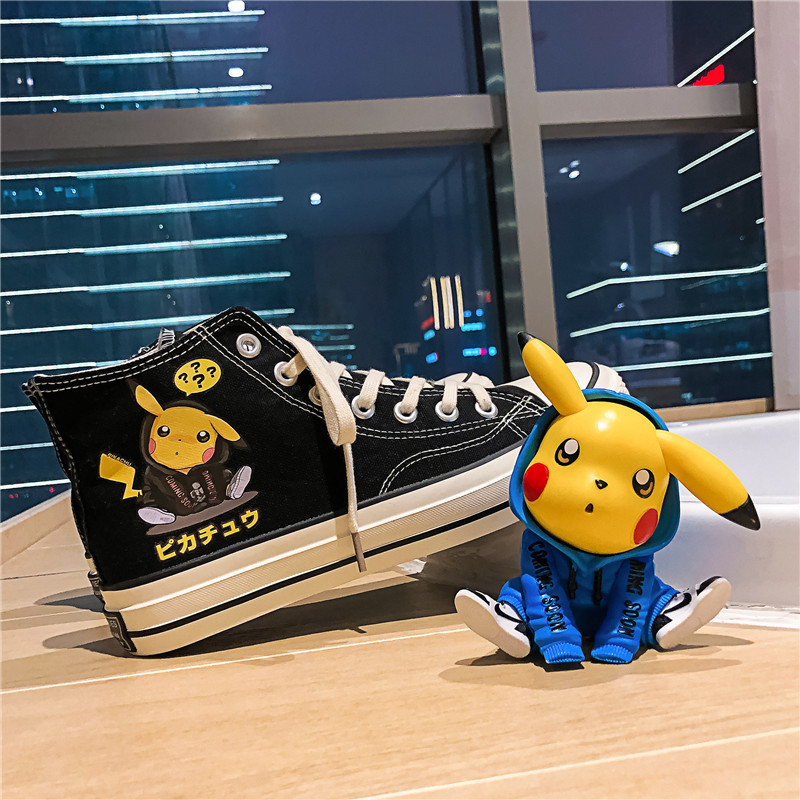 至唯 帆布鞋男2020新款联名皮卡丘帆布鞋高帮男潮流鞋个性涂鸦印花鞋