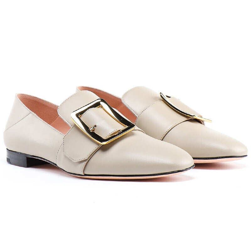 bally巴利女鞋女士经典方扣低跟尖头皮鞋米色622817935