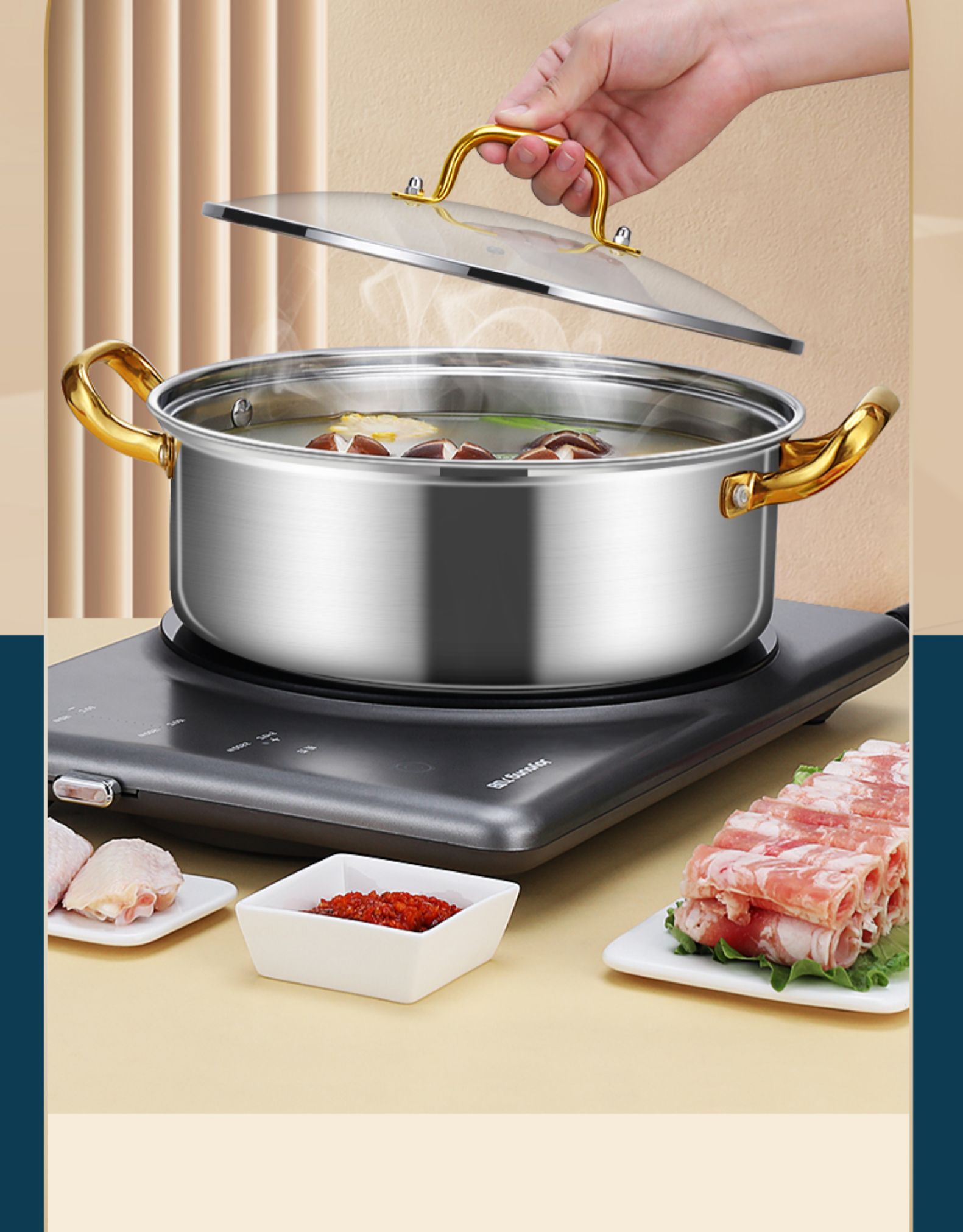 304不锈钢火锅锅家用电池炉专用火锅盆涮锅复底汤锅大容量清汤锅特厚