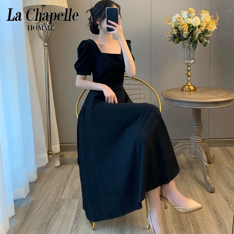La ChapelleLA[特別価格ピックアップリーク]ブラックドレス女性2022年夏新しいフレンチレトロスクエアカラーウエストスリム気質ヘップバーンロングスカート2022新しいドレス[ブラック]L提案[110-125キャティ]