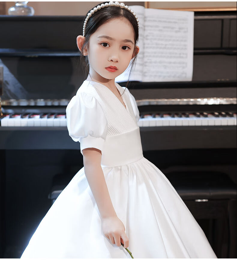洛童欧白纱裙女童儿童生日晚礼服花童婚纱裙小学生公主蓬蓬裙主持人