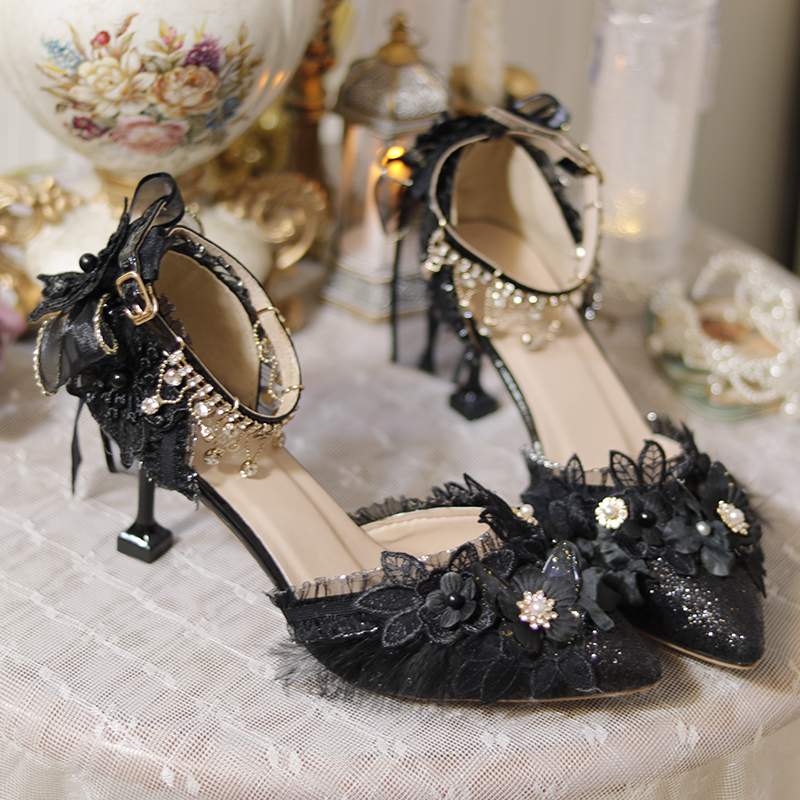 洛丽塔高跟鞋细跟原创lolita鞋凉鞋闪亮水钻尖头花嫁鞋高跟lo鞋 黑色