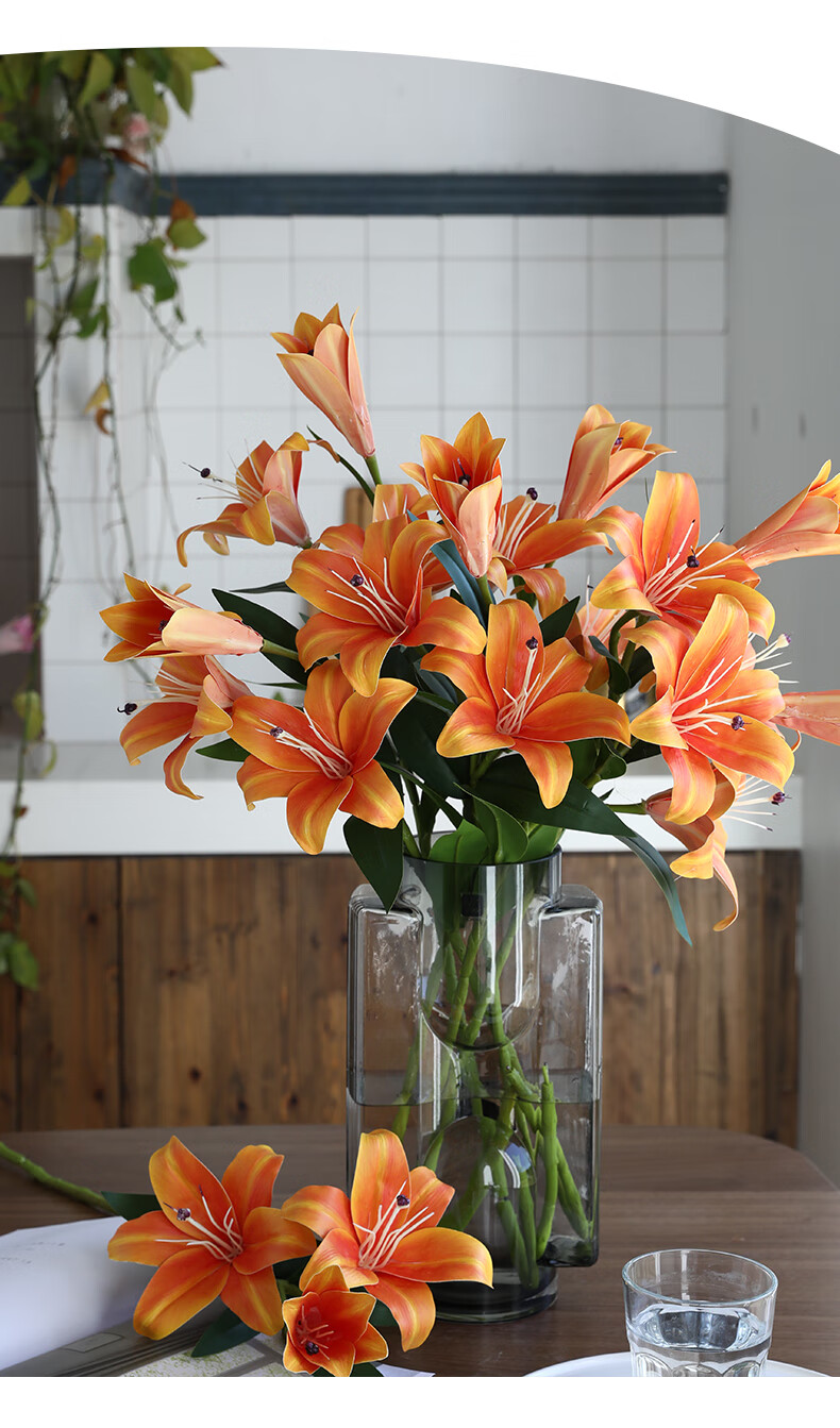 美国 黛莉森(dallisten )手感3头百合花仿真花假花单枝手感百合花花束