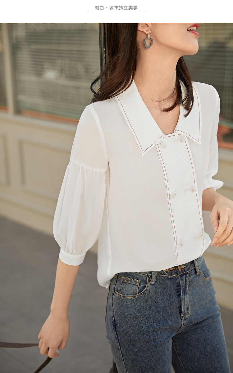 对白v领灯笼袖衬衫女设计感小众双排扣上衣2020夏新款法式雪纺衫 白色