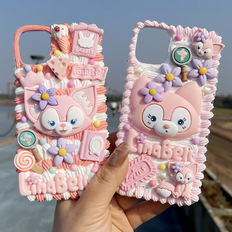 卡通粉色狐狸贴片 奶油胶手机壳手工制作材料包饰品套装配件女 自制