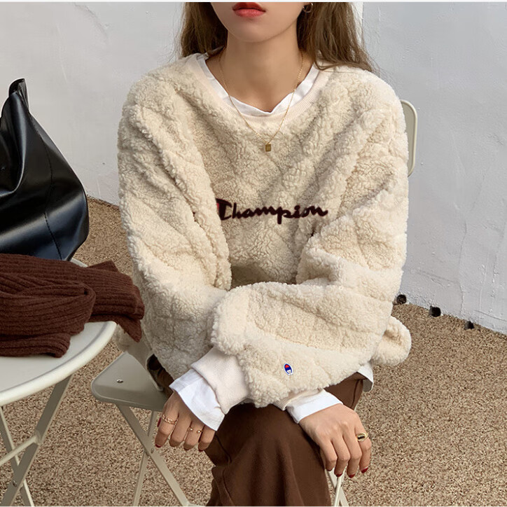 日版champion羊羔绒卫衣女外套冬季新款套头宽松圆领加厚上衣 白色 m