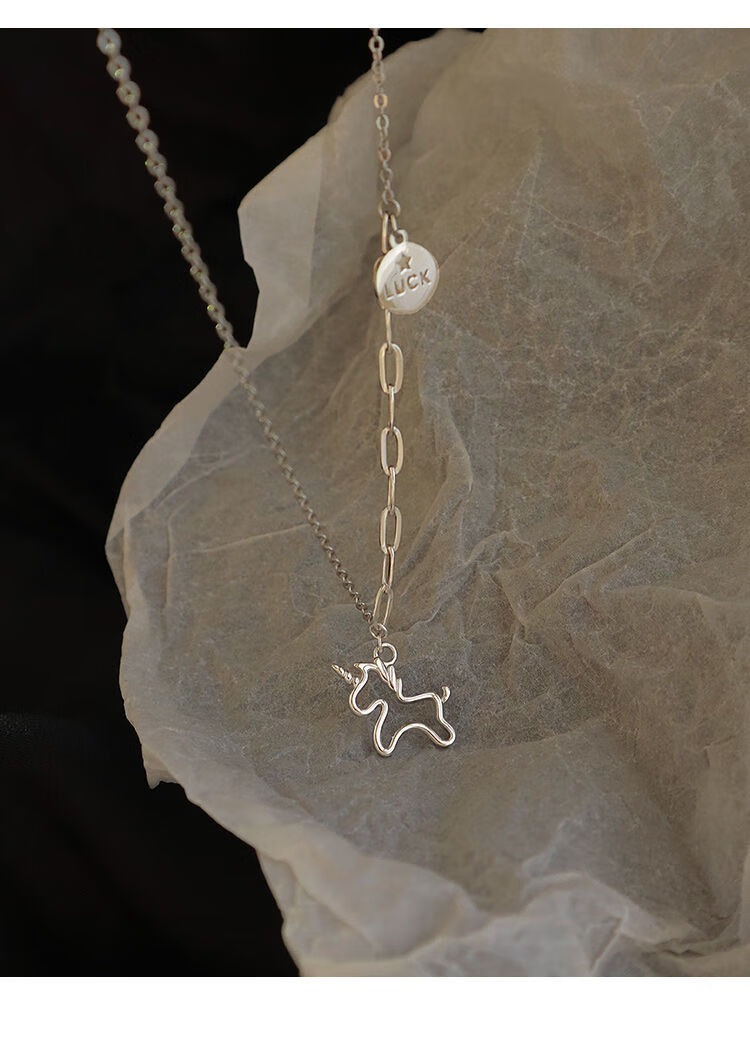 s925幸运独角兽项链女夏小众设计感高级可爱仙气质锁骨链礼物幸运