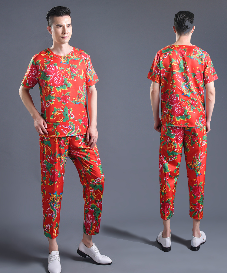 维玛罗东北大花衣二人转演出服男搞笑大花布衣服t恤套装女抖音花裤子