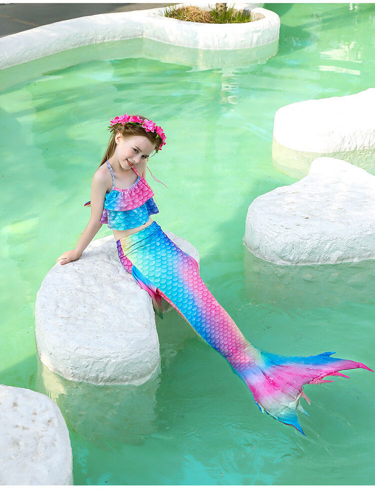 美人鱼泳衣女童人鱼尾巴公主裙儿童游泳衣小女孩分体比基尼套装彩色黄