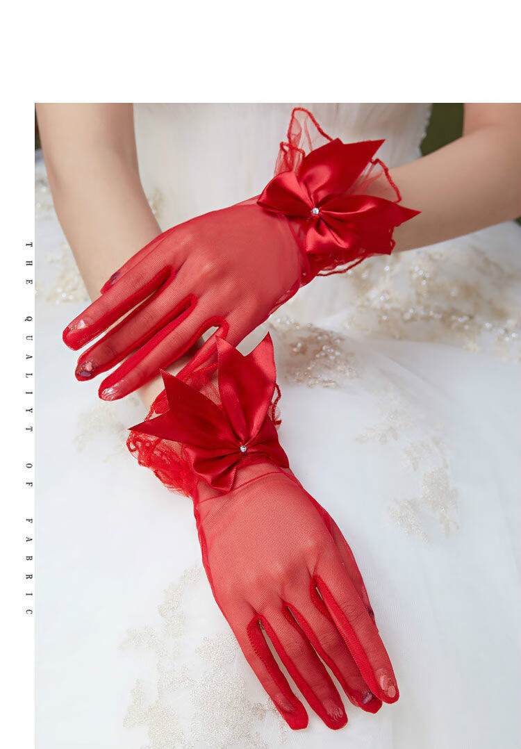 镜坊间新品新娘手套新娘手套礼服敬酒服红手套短款蝴蝶结婚纱春夏季