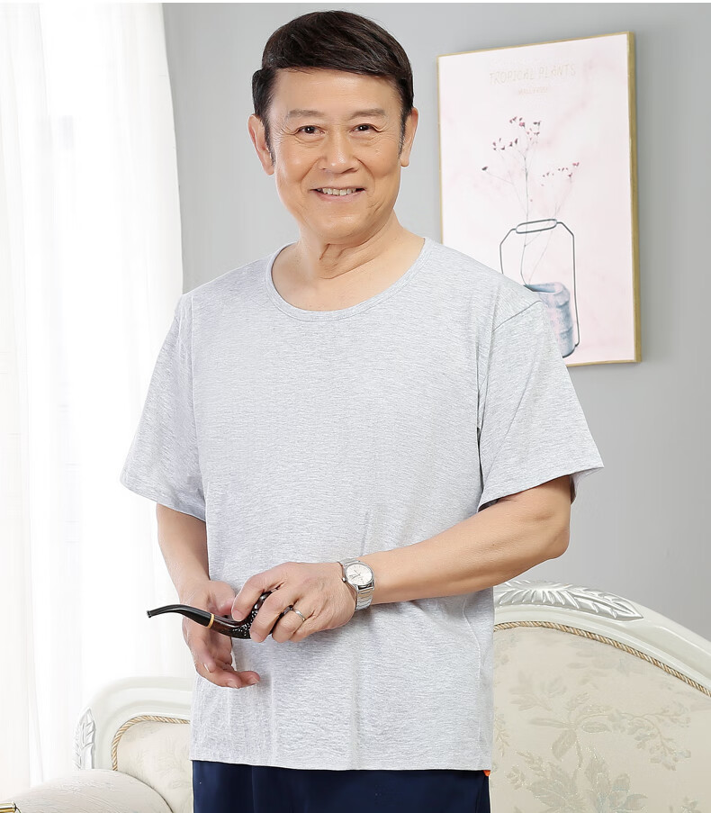 俞兆林夏季爷爷装纯棉老头衫宽松中老年人男士圆领汗衫爸爸中年短袖