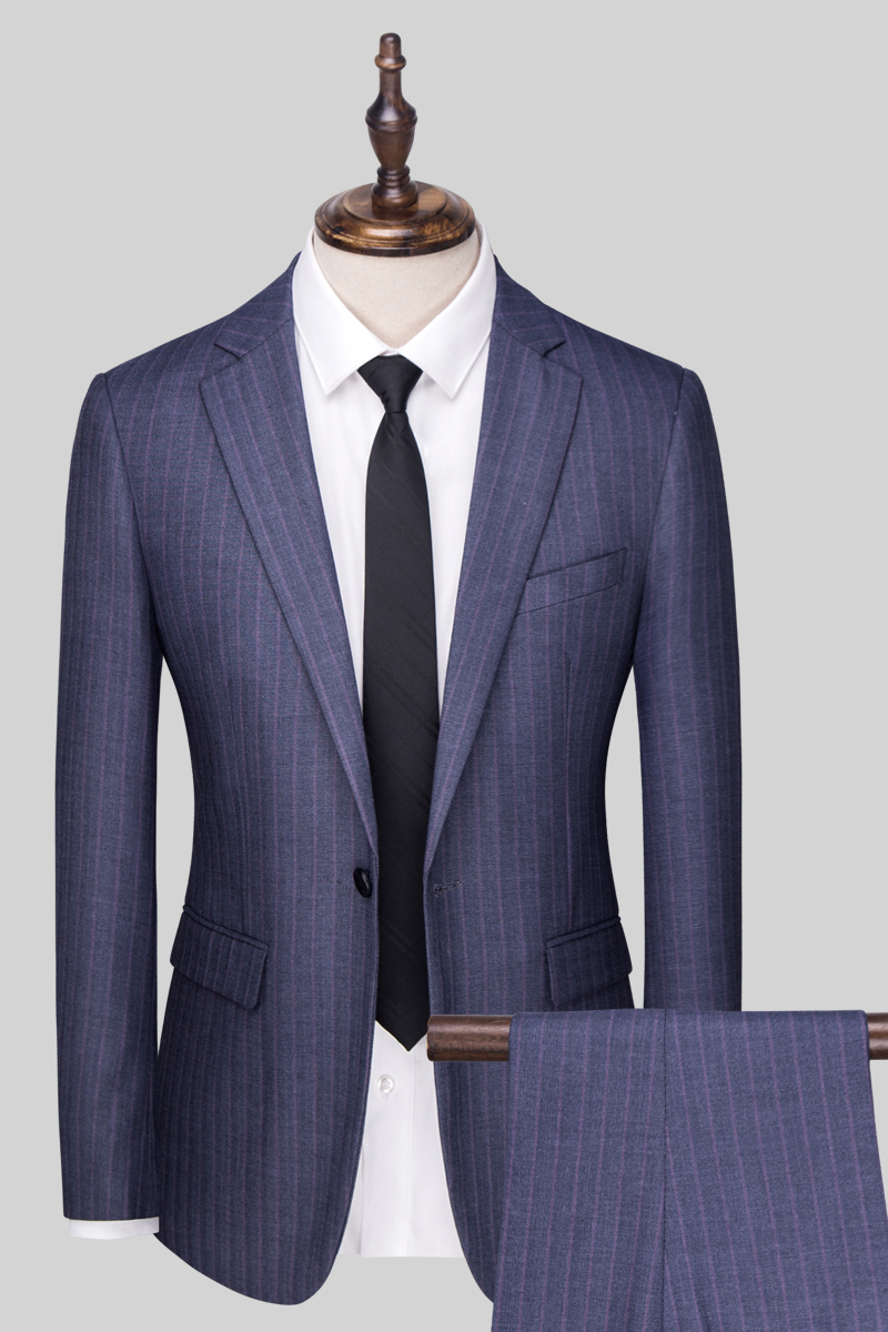 伯莎丹顿轻奢品牌男装羊毛西服套装男士三件套韩版修身免烫弹力条纹