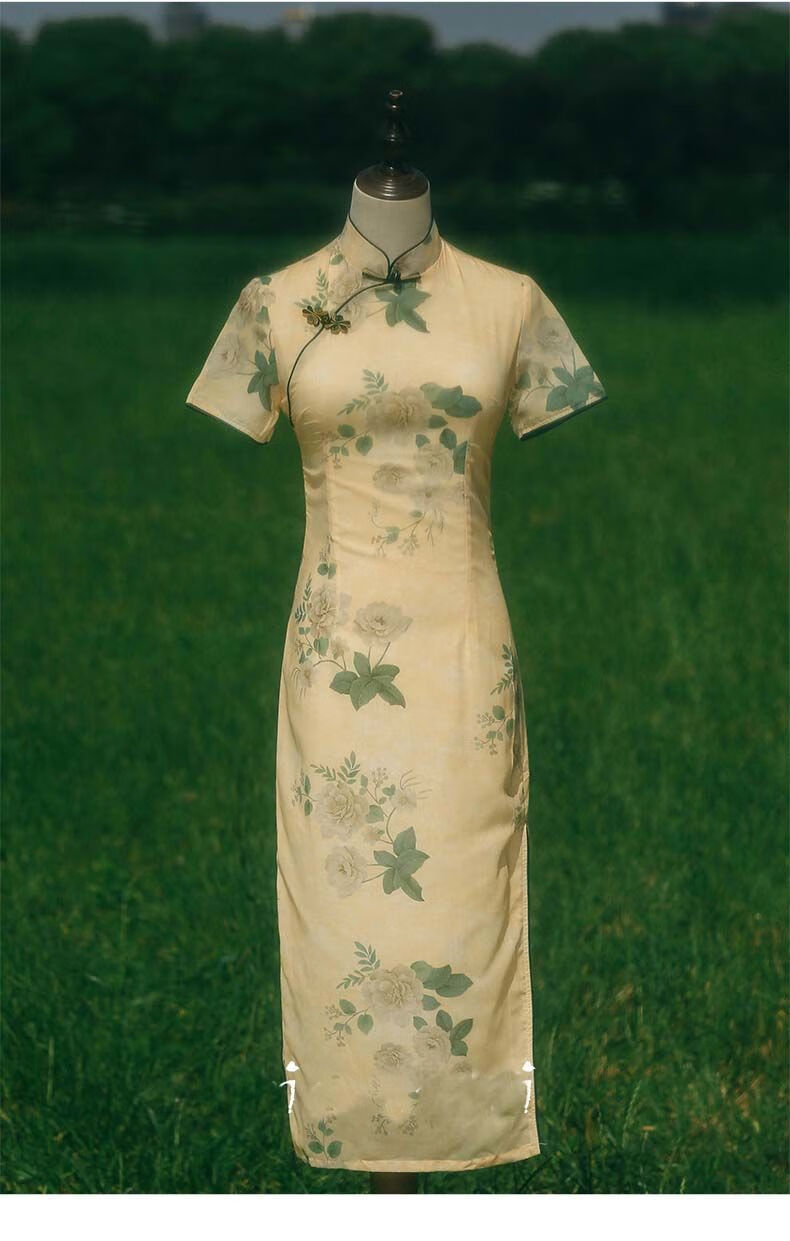 黄色素雅旗袍改良连衣裙复古气质中国风民国时尚年轻款少女夏季