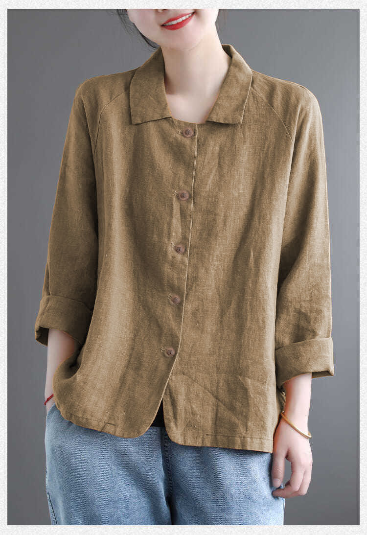 亚麻衬衫女夏季七分袖棉麻衬衫女夏新款百搭女装上衣衬衣领色显瘦亚麻