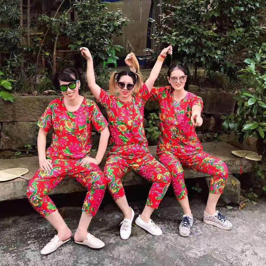 衣服短袖套装搞笑伴娘服姐妹装民族风二人转舞蹈表演服sn2521红色短袖