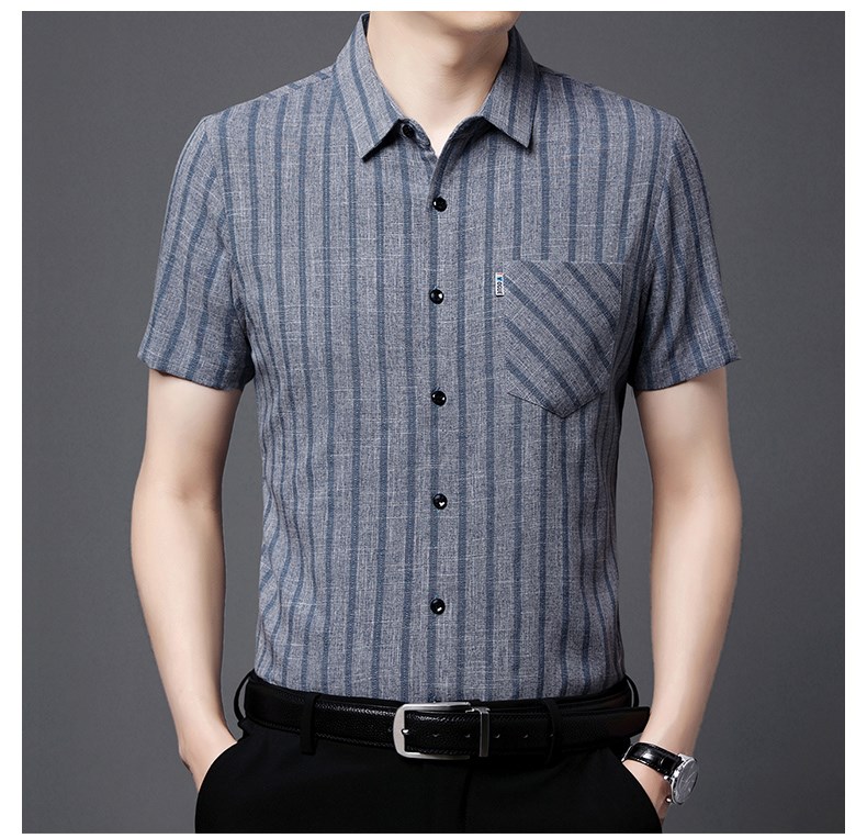 抖音同款ck男装新款男士冰丝亚麻休闲短袖衬衫免烫半袖条纹衬衣蓝色