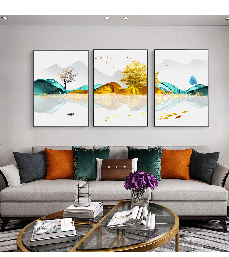 欧雅乐客厅装饰画沙发背景墙轻奢挂画麋鹿壁画现代简约大气抽象山水画