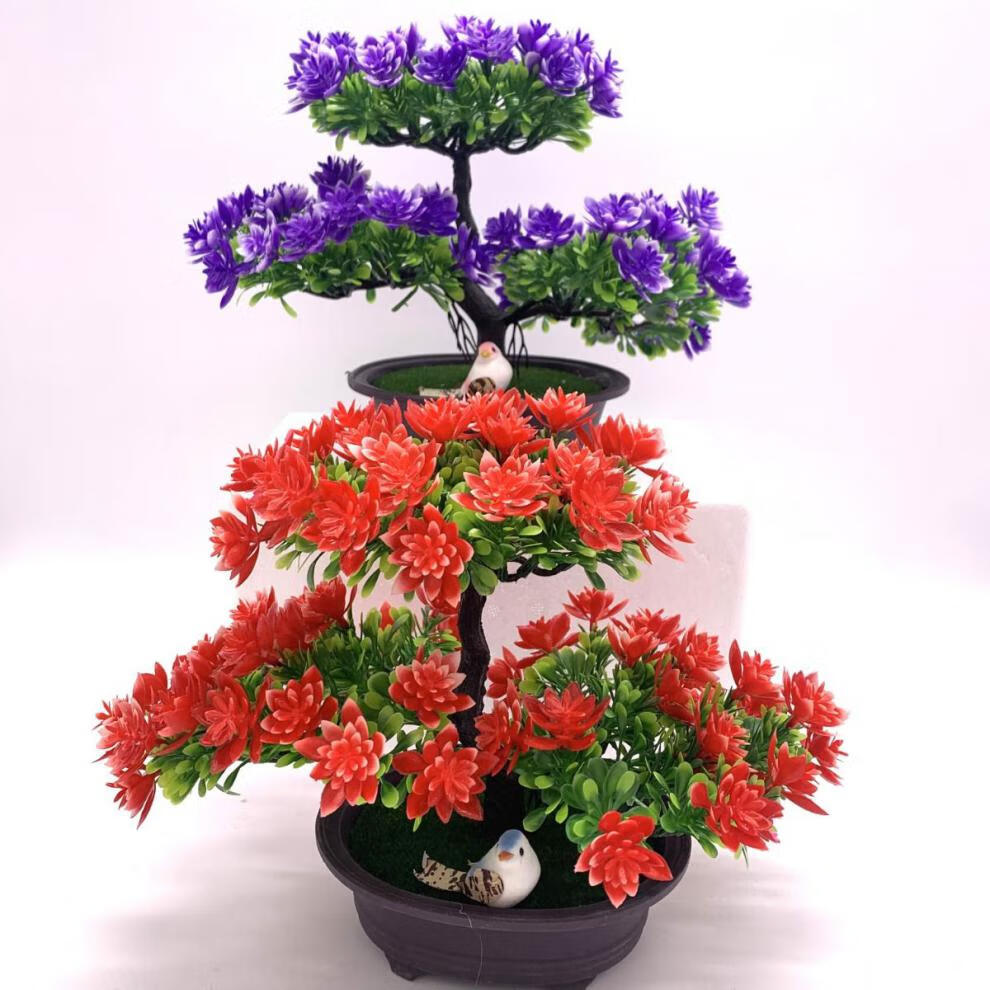 假花仿真花装饰客厅塑料花绿植迎客松酒柜创意摆件工艺品盆景带鸟