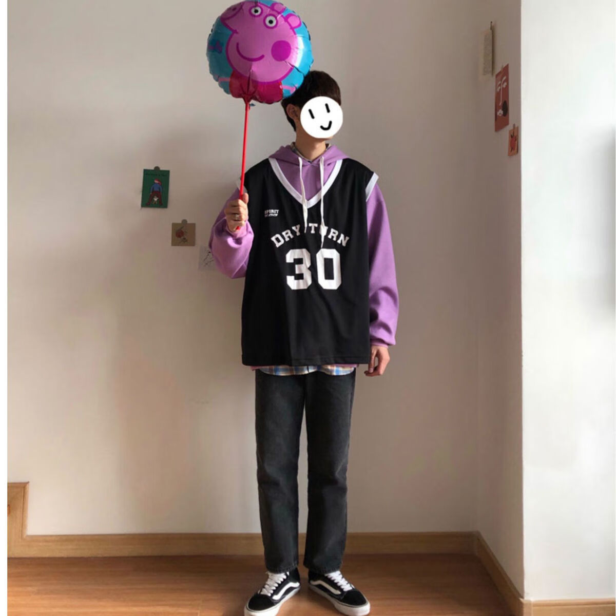 帽背心男同款30号假两件球服卫衣男连帽ins潮牌撞色球衣帽衫宽松薄款