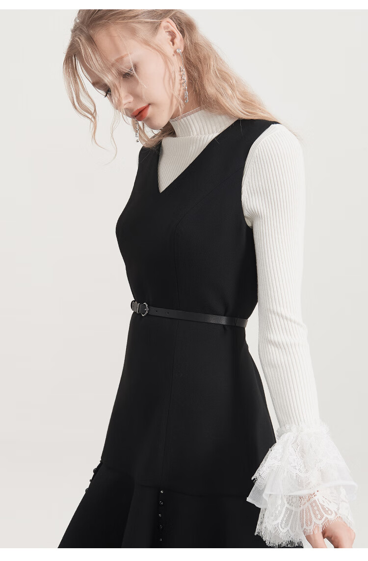 欣贺艾薇19冬新洋气荷叶边收腰v领背带呢料连衣裙l0660061黑色m