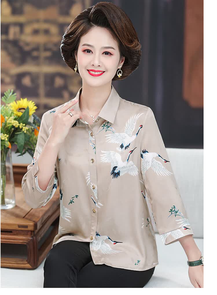 恒源祥彩羊品牌妈妈款春装真丝衬衫中老年人女装中袖上衣60岁70奶奶