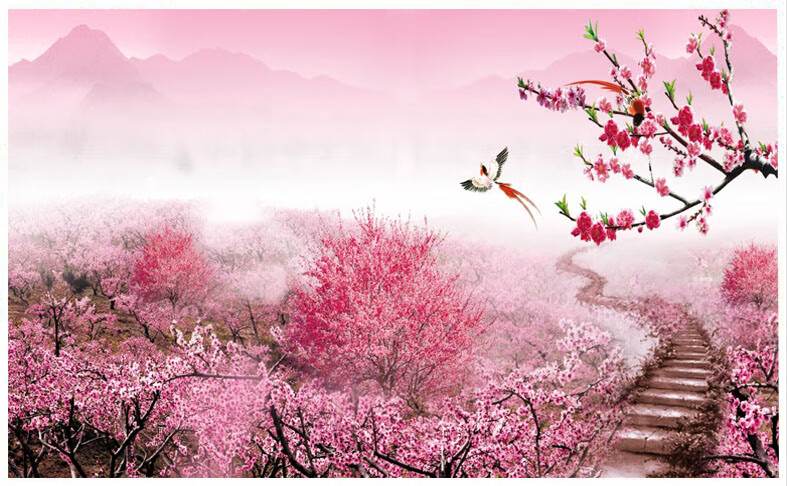 三生三世十里桃花墙纸粉色樱花墙布卧室婚房酒店宾馆背景墙壁纸3d闪银