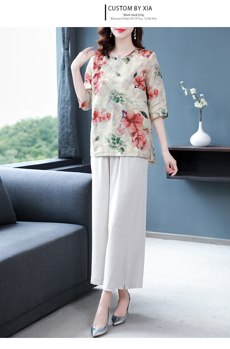 特价捡漏民族风新中式阔两夏季中国风苎麻上衣洋气妈妈棉麻套装女图片