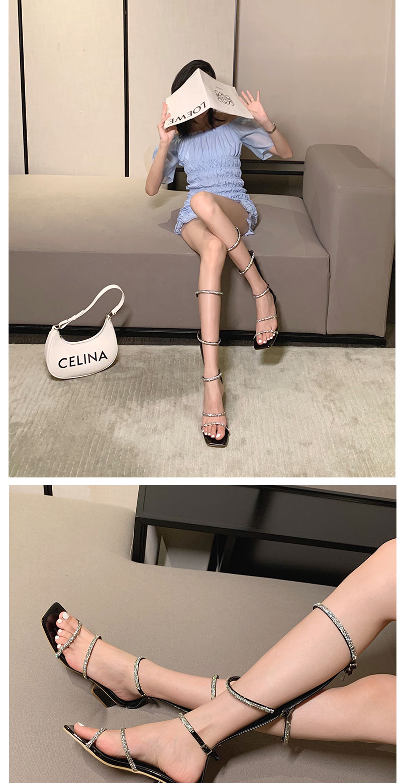 女生绑带罗马凉鞋高筒水钻夏季穿的水晶粗跟长筒中跟女士气质款系带凉