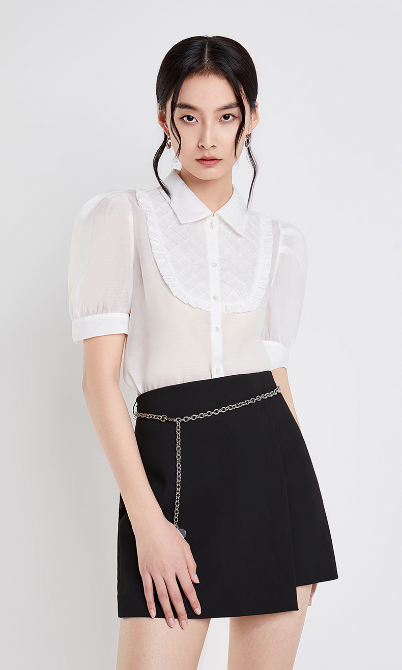 ochirly欧时力2022新款春夏华夫格花边法式短袖衬衫女黑色090s