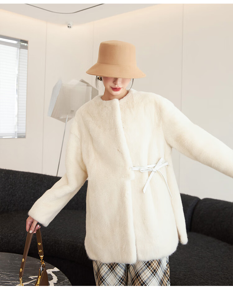 欧迪鸟品牌女装貂皮大衣女水貂外套天鹅绒腰带款整貂皮草年轻款 珍珠