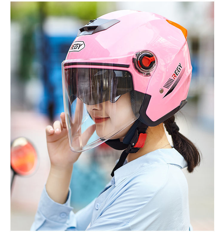 头盔四季款双面镜头盔防雾标准安全头盔成年人头盔女粉色双镜高清防雾