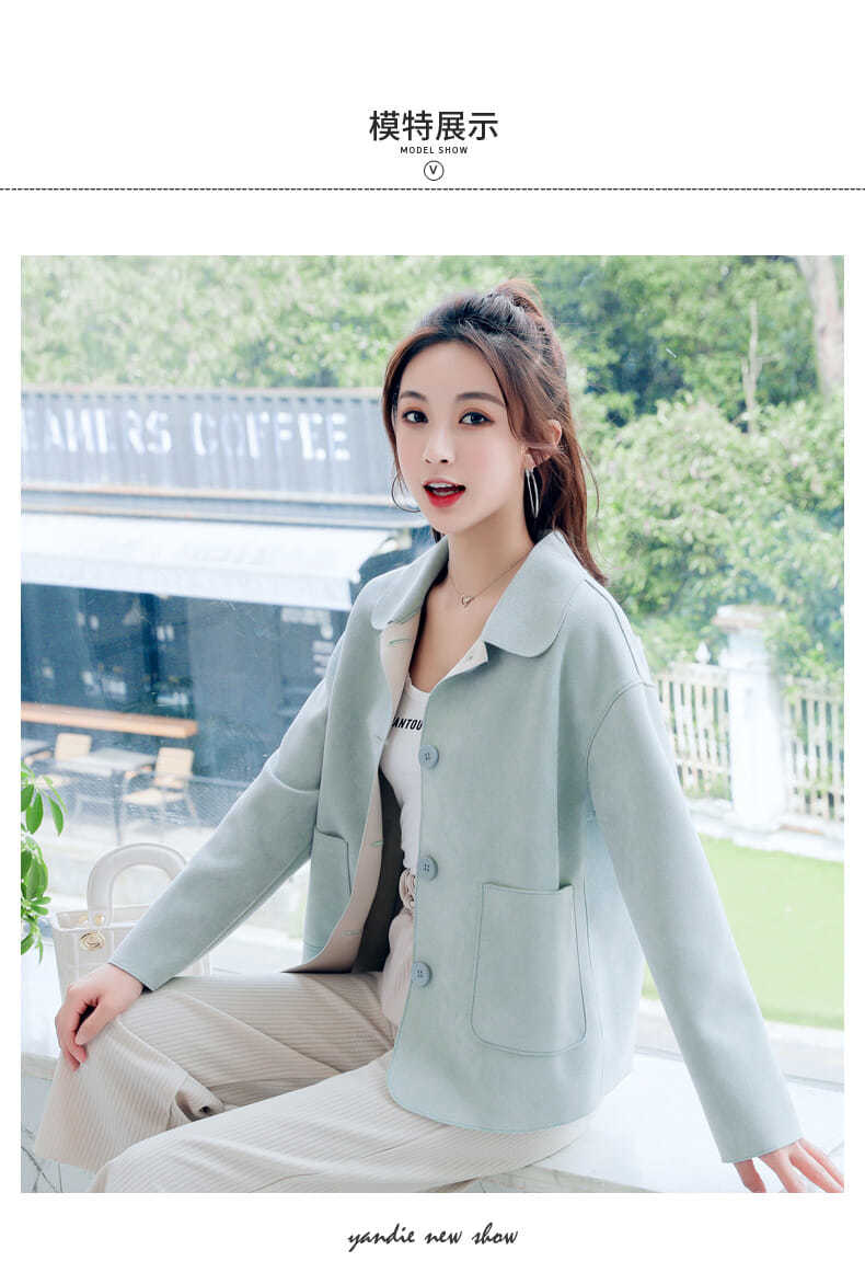 时尚女士短外套女春秋休闲纯色翻领娃娃领韩版百搭短款夹克上衣女米色