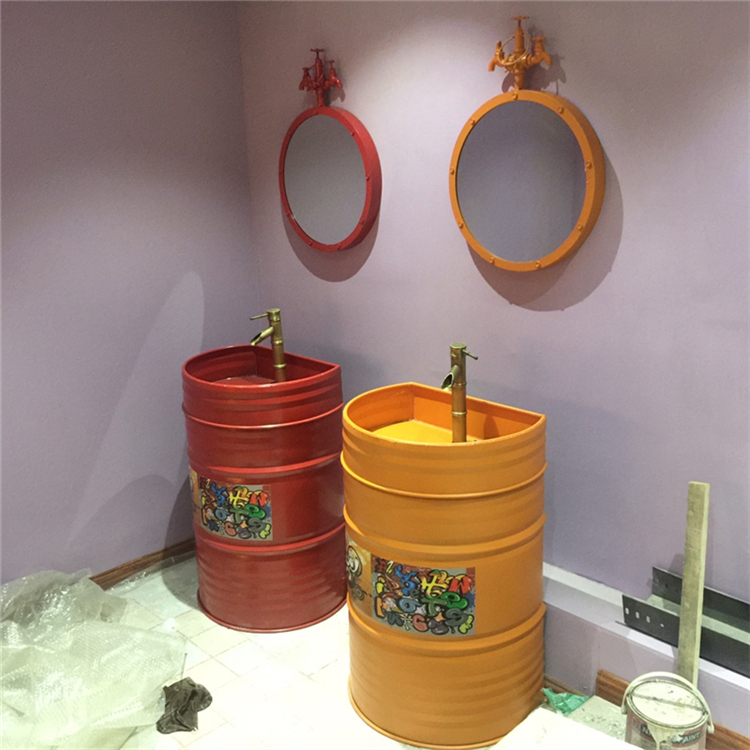 油桶工业风洗手盆彩色洗手台个性一体立柱式创意洗脸盆酒吧洗手池高度