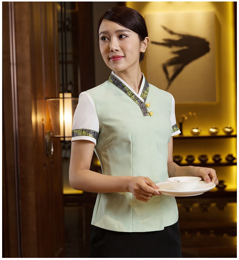 餐厅服务员工作服夏季中式茶楼女酒店餐饮民族风服装短袖靓宫上衣女款