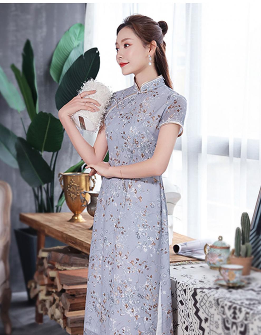 秀观唐思夏2020夏装新款清新小碎花改良短袖中国风中长款旗袍裙 灰