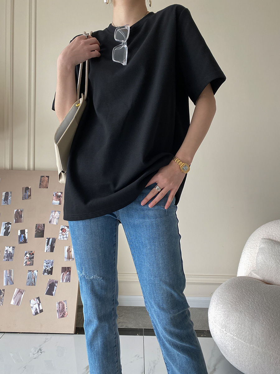 黎兰娜华夫格韩国潮牌重磅棉落肩短袖t恤女2022年春季新款米白色均码