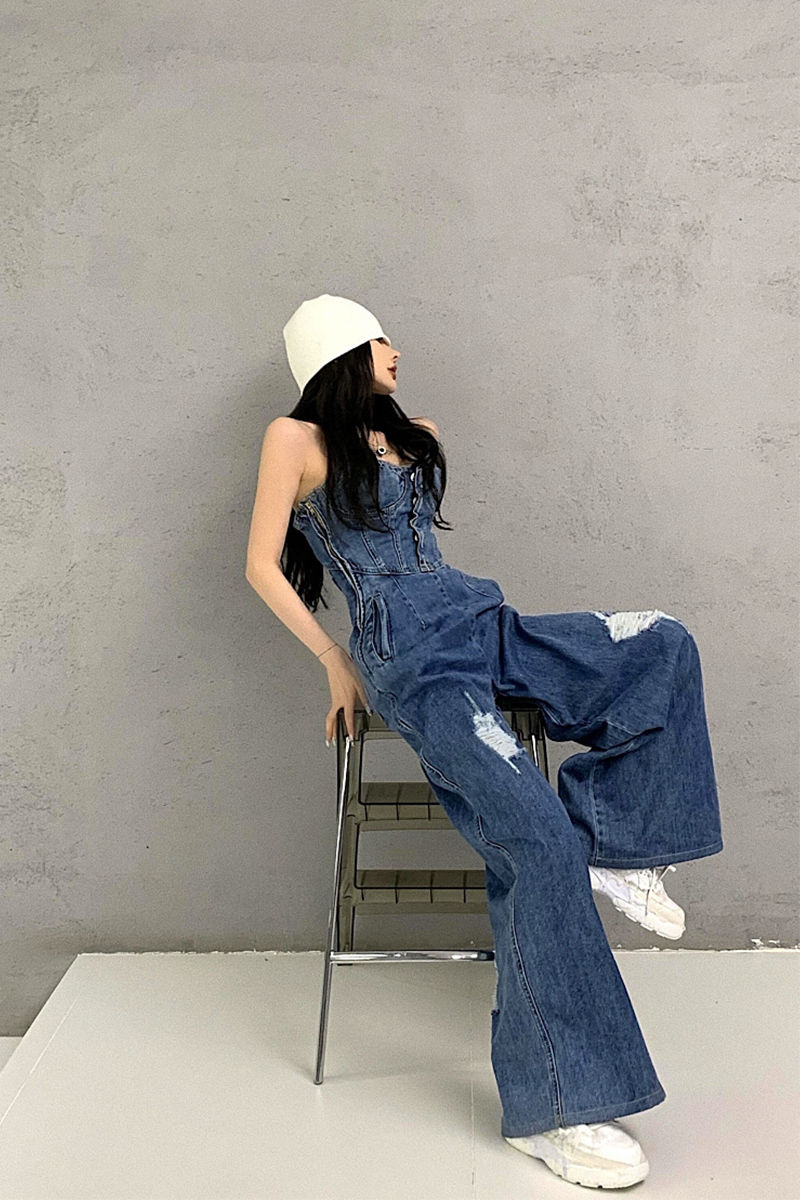 抹胸连体牛仔裤微胖辣妹性感女大码新款设计感高腰显瘦阔腿裤牛仔连体